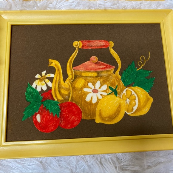 Vintage Set Of 4 Fuzzy Velvet Kitchen Teapot Framed Collage Wall Decor - Picture 2 of 7